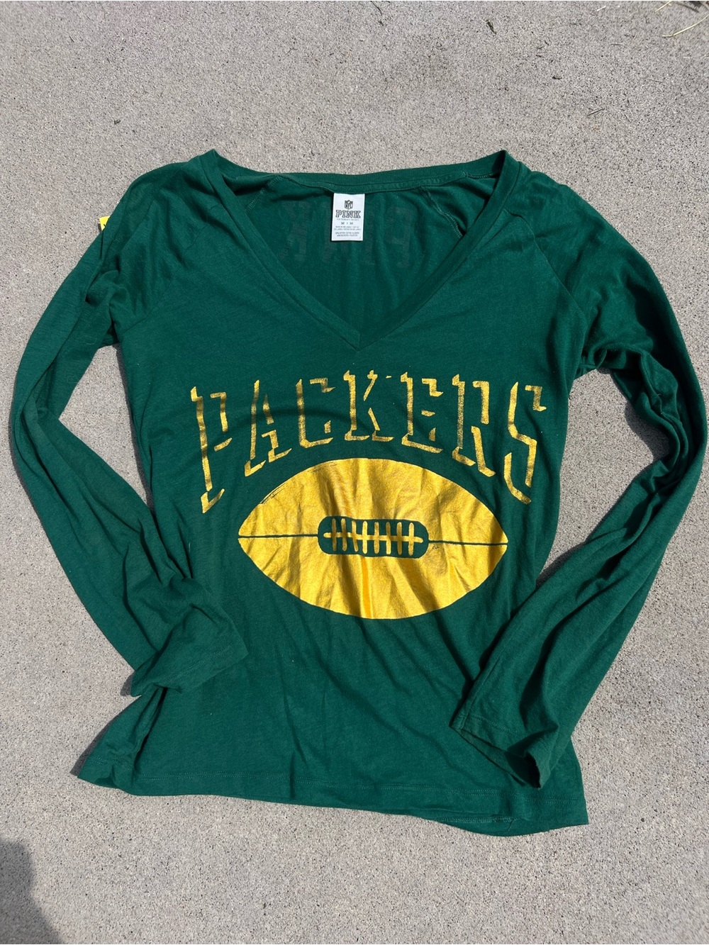 PINK Victoria's Secret Green V-Neck Long Sleeve with Yellow Packers Graphic